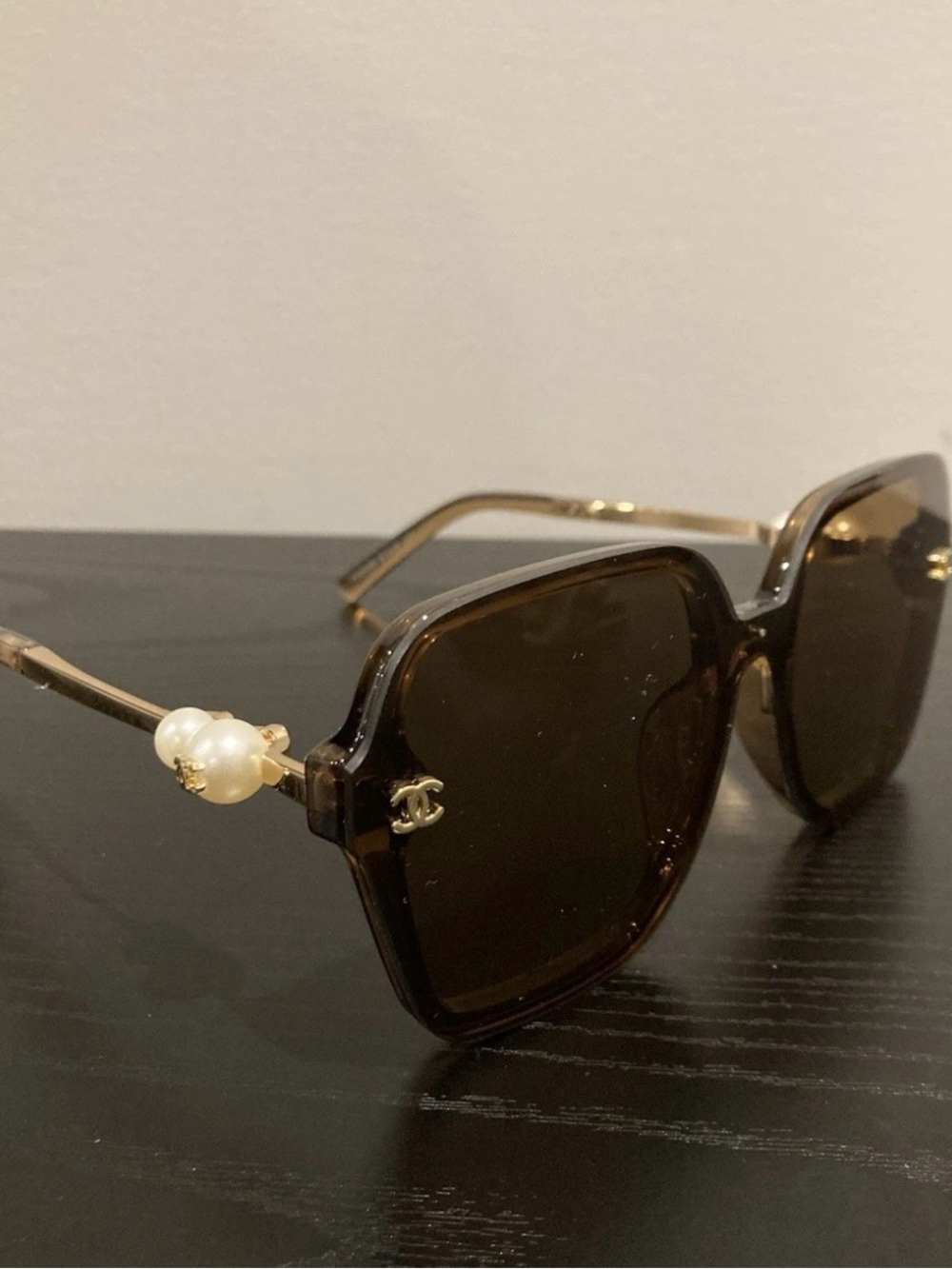 Authentic Chanel Brown Square Pearl Accent Sunglasses